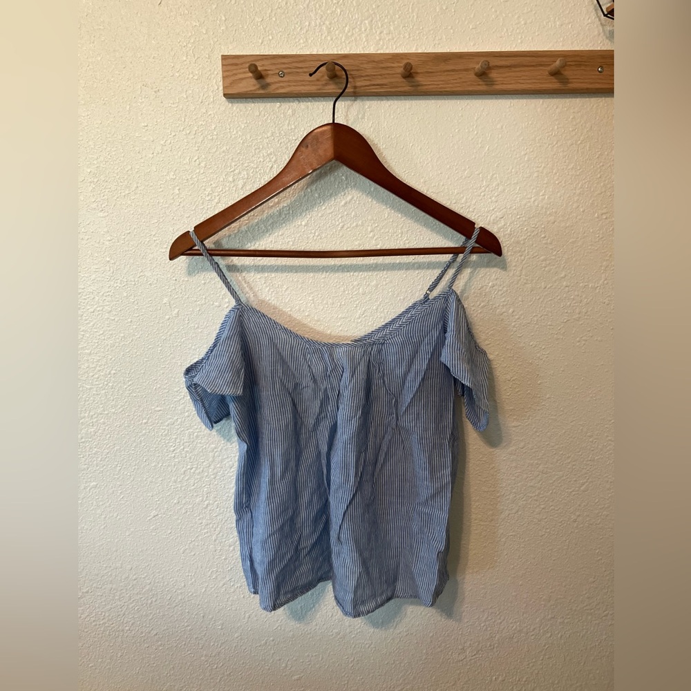 Alice Blue Pinstripe Off-Shoulder Blouse
